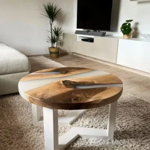 TAVOLO NAXOS DA SALOTTO IN RADICA DEL NOCE CHIARO E RESINA BIANCA SATINATA